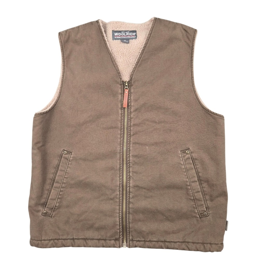 Woolrich Mens Brown Canvas Sherpa Lined Full Zip Workwear Vest Size M